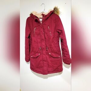  LCW Casual Outerwear Womens Burgundy Coat Fuzzy Lined Zipper Detachable Hood.